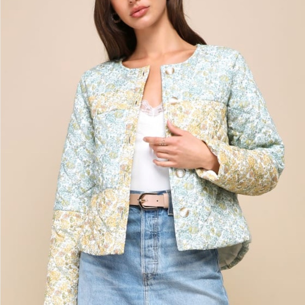 Lulu's Floral Quilted Puffer Jacket - Green and Yellow